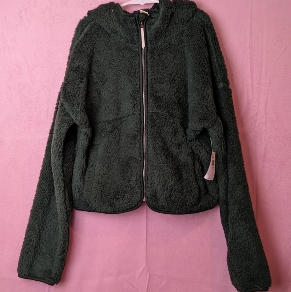 Old Navy Green Full Zip Fluffy Hooded Jacket size Large 10/12